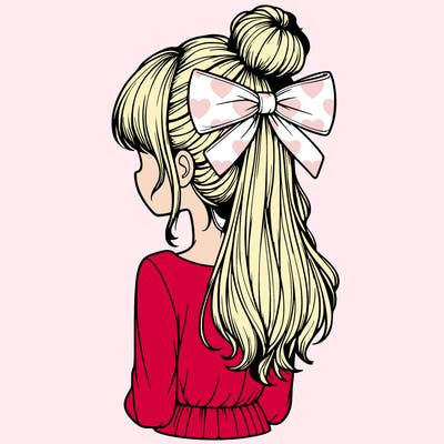 realistic girl  with hip length hair a bun and a big bow on the back of head