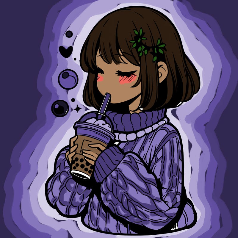 manga girl drinking boba in cozy sweater