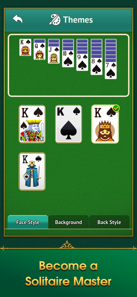Themes menu in Solitaire MasterCell showing customizable card face styles