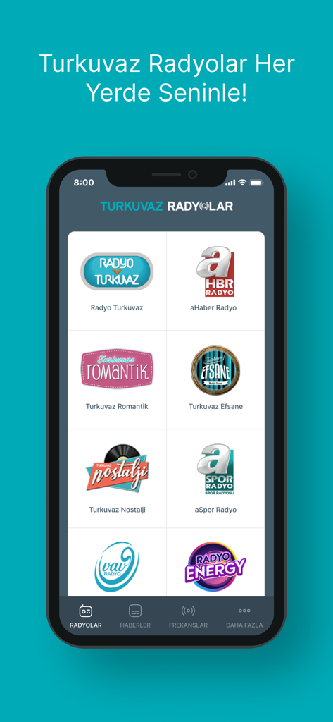 Turkuvaz Radyolar - Mobile app interface of Turkuvaz Radyolar showing a selection of Turkish radio stations including news sports and music channels