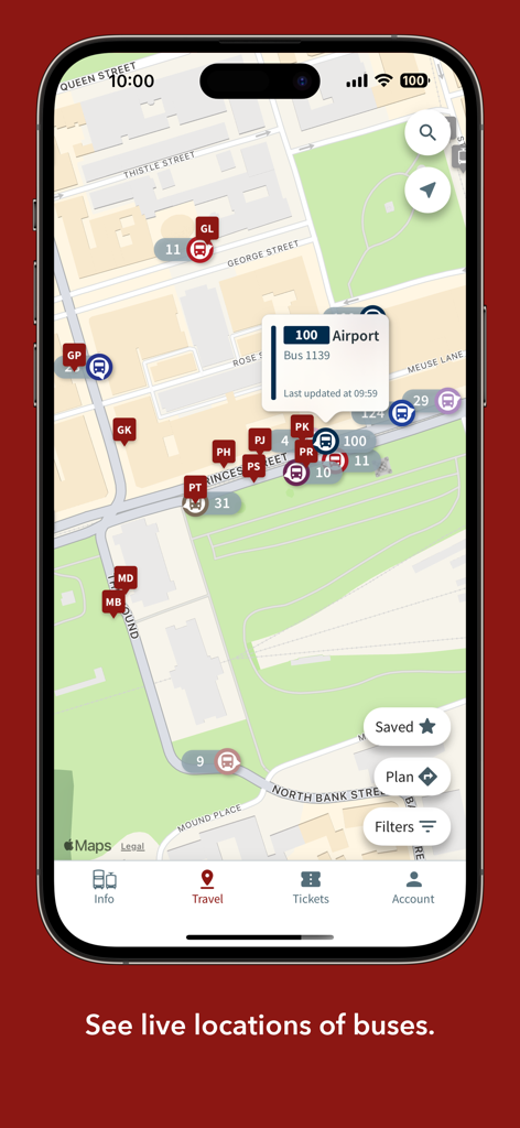 Mapa en tiempo real que muestra las ubicaciones de autobuses y tranvías en vivo en Edimburgo