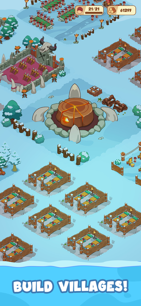 Icy Village: Survival Idle - A snowy landscape in Icy Village Survival Idle showing multiple wooden shelters and a central fire hearth with the text Build Villages