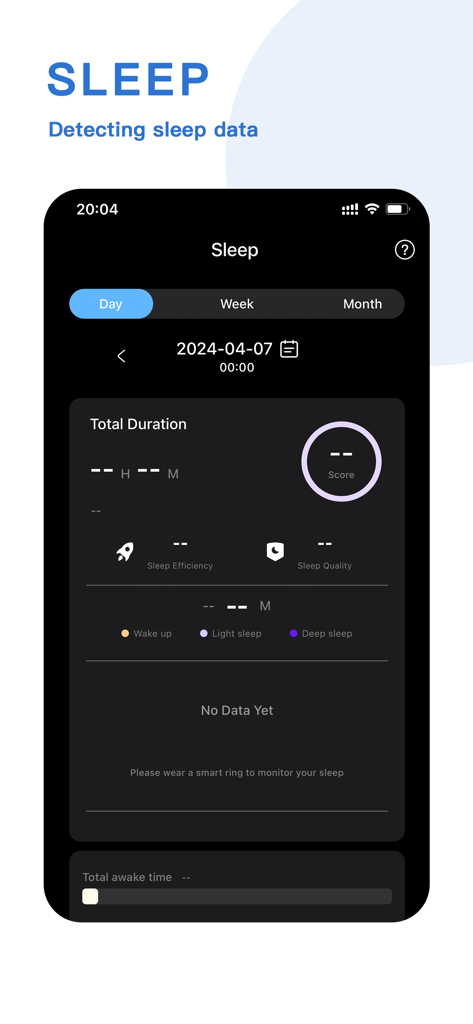 La pantalla de análisis de sueño de la aplicación de fitness QRing que muestra métricas como la duración total y la calidad del sueño