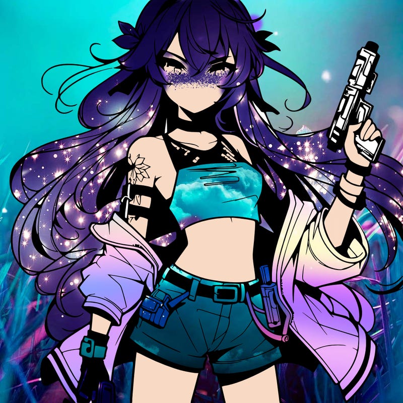 bad girl wearing crop top holding a gun long hair anime