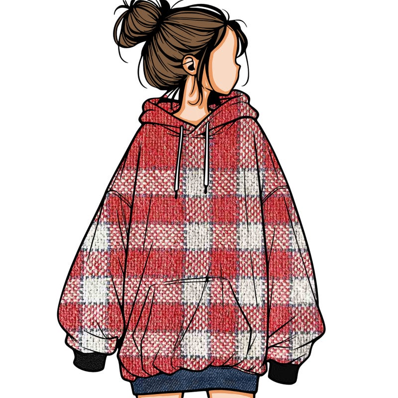 realistic girl with a oversized sweatshirt on and a bun