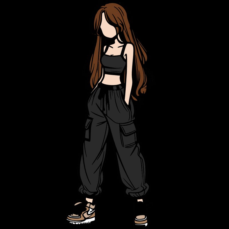 girl in baggy pants crop top and long hair