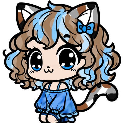 cute cat girl with cat ears and curly hair and a cat tail