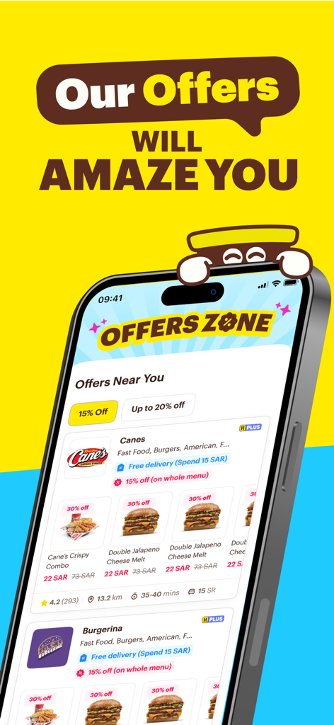HungerStation - Food Delivery - Screenshot der HungerStation-Mobil-App mit der Angebotszone und Rabatten von Restaurants sowie täglichen Angeboten.