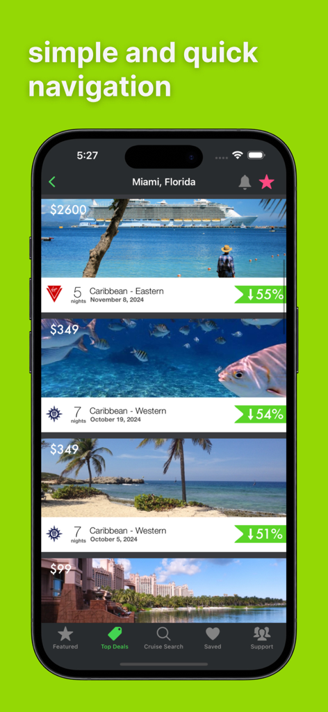 Cruise Deals App-Oberfläche mit ermäßigten Kreuzfahrten von Miami Florida mit Preisnachlassprozenten