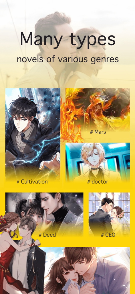 ReadMe:Fiction&GoodNovel - A collection of book covers on the ReadMe app illustrating various genres like Cultivation, Doctor, and CEO.