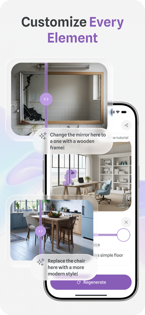 AI Home Design - ReRoomy - Oberfläche der ReRoomy-App, die KI-gestützte Möbelersetzungs- und Anpassungsfunktionen für Innenräume zeigt