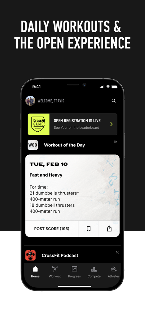 CrossFit - Dashboard dell'app mobile CrossFit che mostra l'allenamento giornaliero e la registrazione dei CrossFit Games Open.