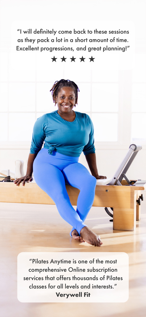 A smiling woman sitting on a Pilates reformer machine with a five star user review and expert testimonial from Verywell Fit
