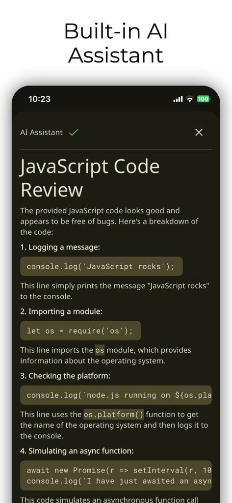 JavaScript Coding Editor & IDE - IDE JavaScript mobile montrant un assistant IA fournissant une revue de code pour des extraits de JS