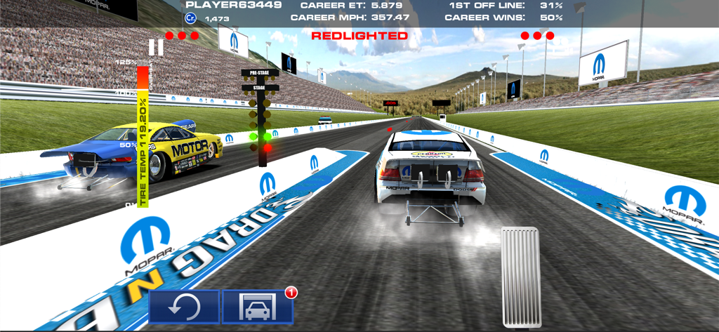 Mopar Drag N Brag - Gameplay screenshot of Mopar Drag N Brag showing Pro Stock cars at the drag strip starting line