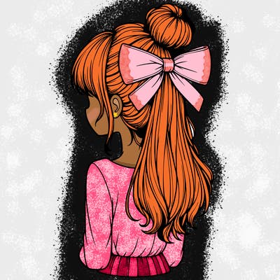 realistic girl  with hip length hair a bun and a big bow on the back of head