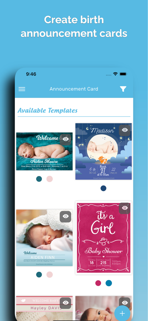 Customizable birth announcement card templates in the Baby Name Together app interface
