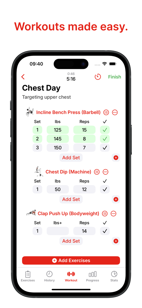 Flexer: Gym Workout Tracker - Interfaz de la aplicación Flexer que muestra un registro de entrenamiento de día de pecho con series y repeticiones para press de banca inclinado y fondos de pecho