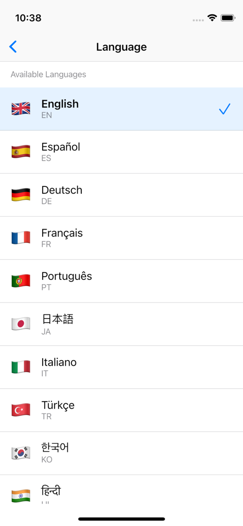 Easy GPX Creator - Language settings screen in Easy GPX Creator displaying a list of supported languages with their national flags.