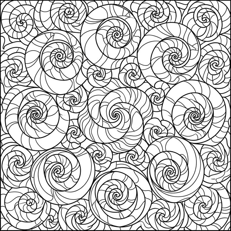 Explore a captivating array of coiling and expanding forms with this mesmerizing spiral geometric patterns coloring page. Immerse yourself in the rhythmic beauty of mathematical sequences and bring this intricate design to life with your colors.