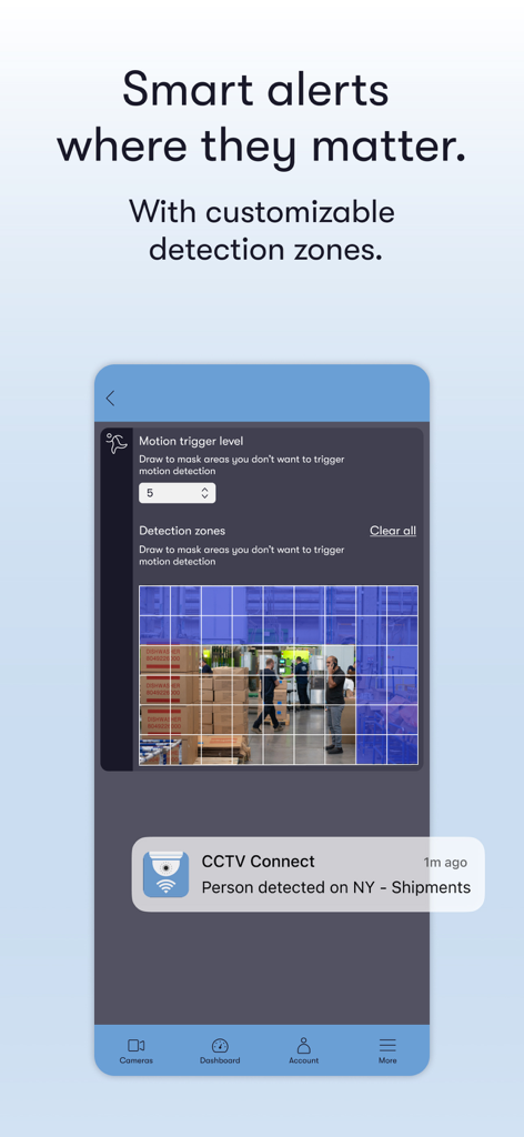 CCTV Connect app interface showing customizable motion detection zones over a warehouse camera feed with a person detected notification