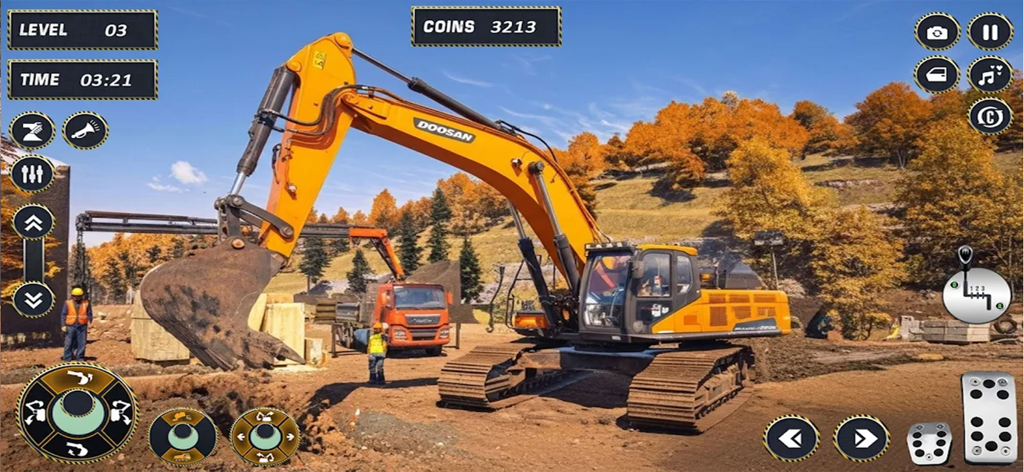 Yellow excavator at a construction site in a simulator game