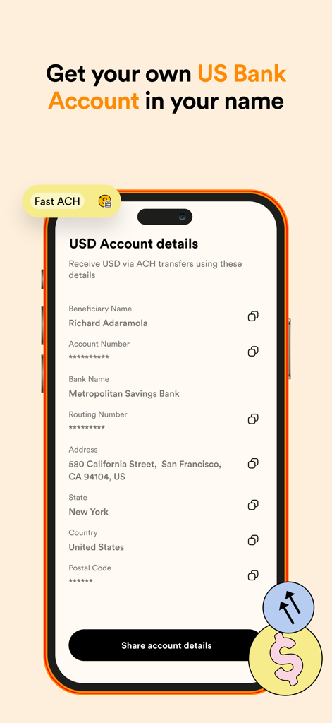 Accrue: Send. Spend. Sell. - Interfaz de la aplicación Accrue que muestra detalles de cuenta bancaria personal de EE. UU. para transferencias ACH
