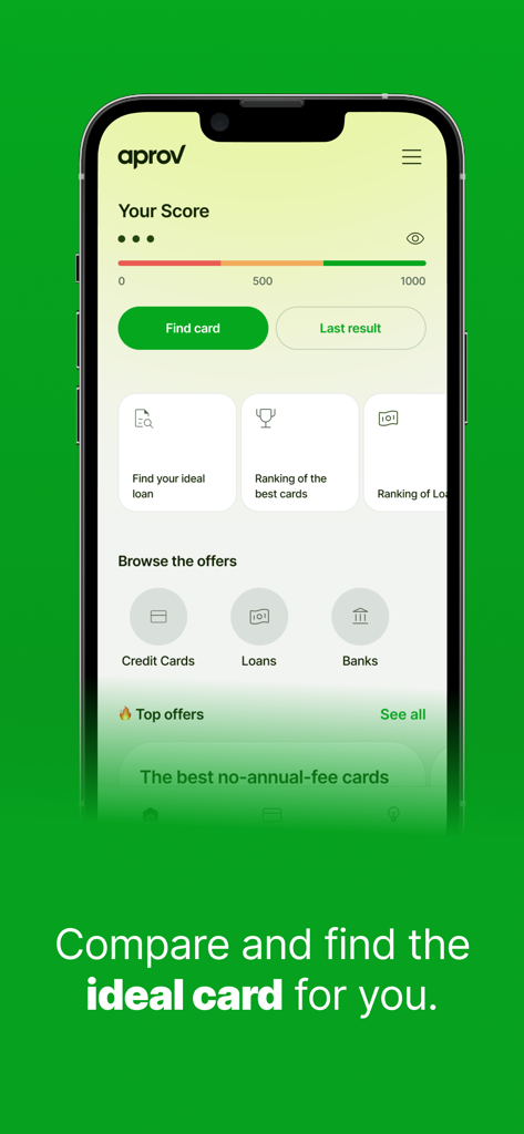 Aprov app dashboard showing a credit score meter and categories for comparing credit cards and loans