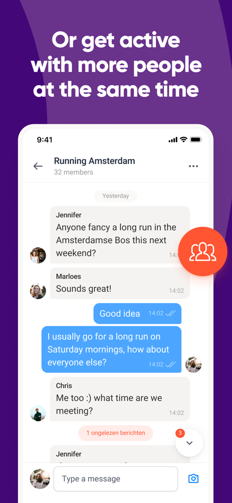 Sportpartner - Eine Gruppenchat-Oberfläche in der Sportpartner-App, die zeigt, wie Mitglieder einen Gruppenlauf in Amsterdam koordinieren.