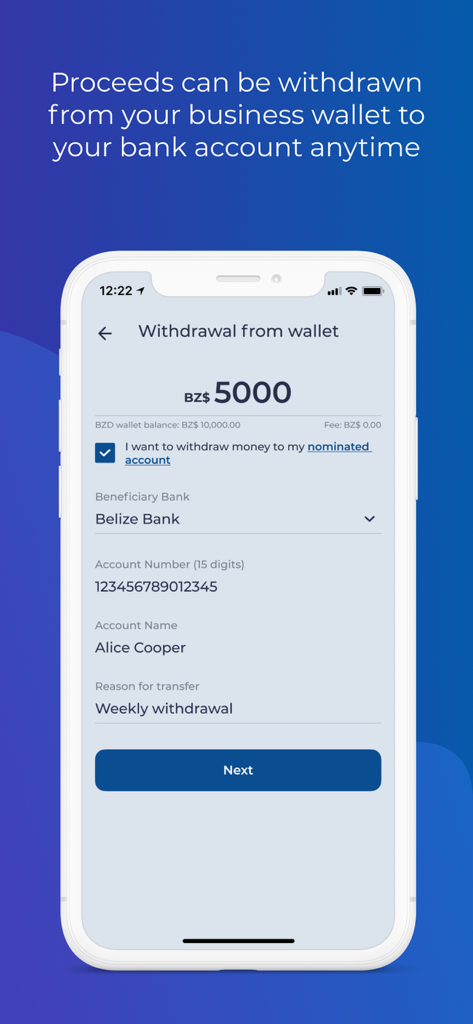 E-kyash Business - E-kyash Business 앱의 은행 계좌로의 비즈니스 지갑 인출을 보여주는 모바일 앱 화면