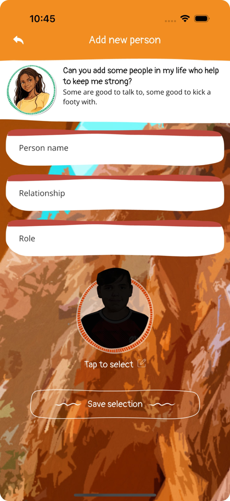 Oberfläche der AIMhi-Y-App, die ein Formular zur Hinzufügung einer unterstützenden Person zum Netzwerk eines Benutzers mit Feldern für Name, Beziehung und Rolle zeigt.