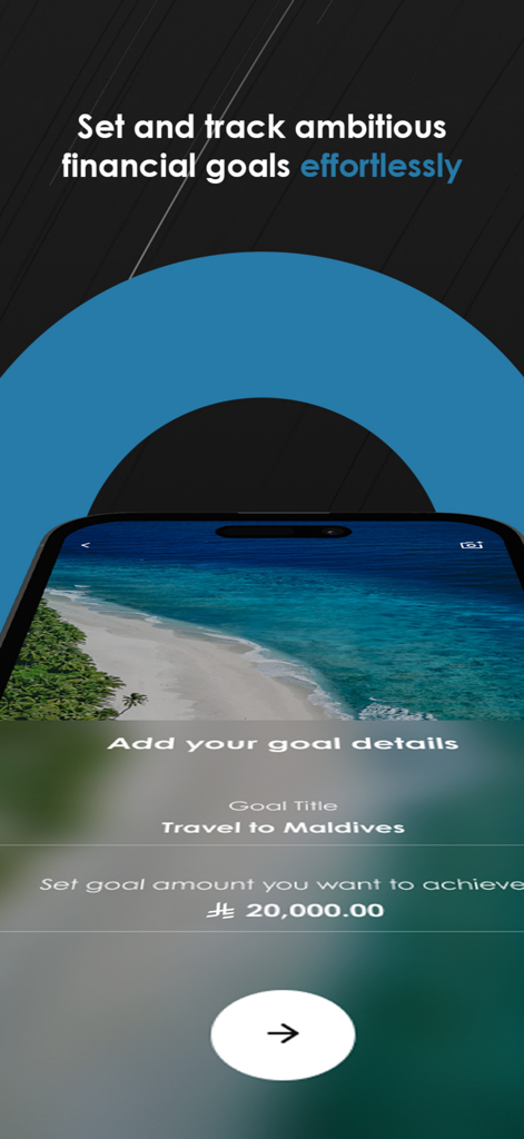 Akasia | اكاسيا - Interface of the Akasia app showing a user setting a financial goal to travel to the Maldives