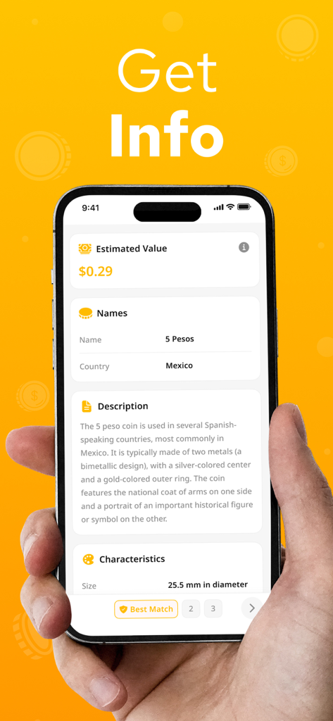 Coin Identifier - Coinum - Ein mobiler Bildschirm, der detaillierte Informationen, geschätzten Wert und Merkmale einer gescannten Münze in der Coinum App anzeigt.