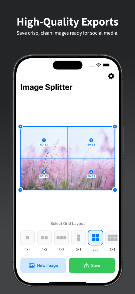 iPhone screen displaying the Image Splitter app interface with a 2x2 grid layout selected for a photo of pink flowers