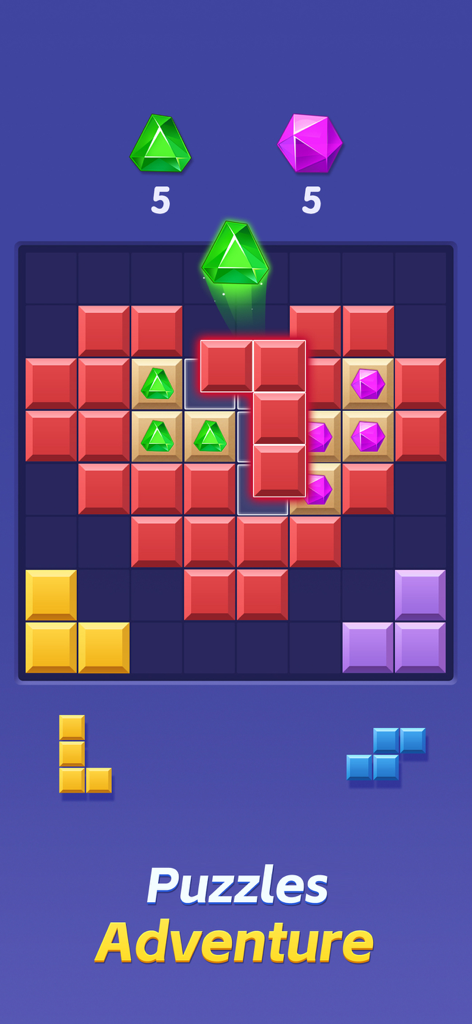 Gameplay screenshot of Color Block Combo Blast featuring a heart shaped block puzzle and gems.