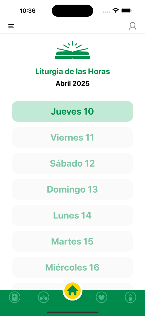 Pantalla de la app Revista Rayo de Luz mostrando el menú de la Liturgia de las Horas por fecha