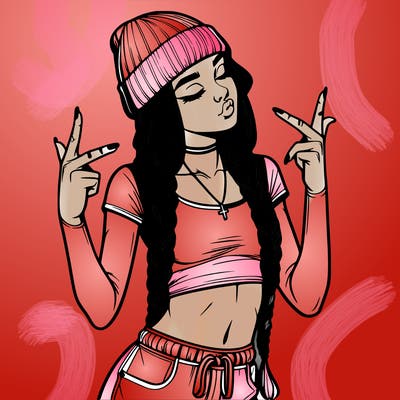 realistic teenage girl with braids and a beanie and crop top doing 🫶🏼