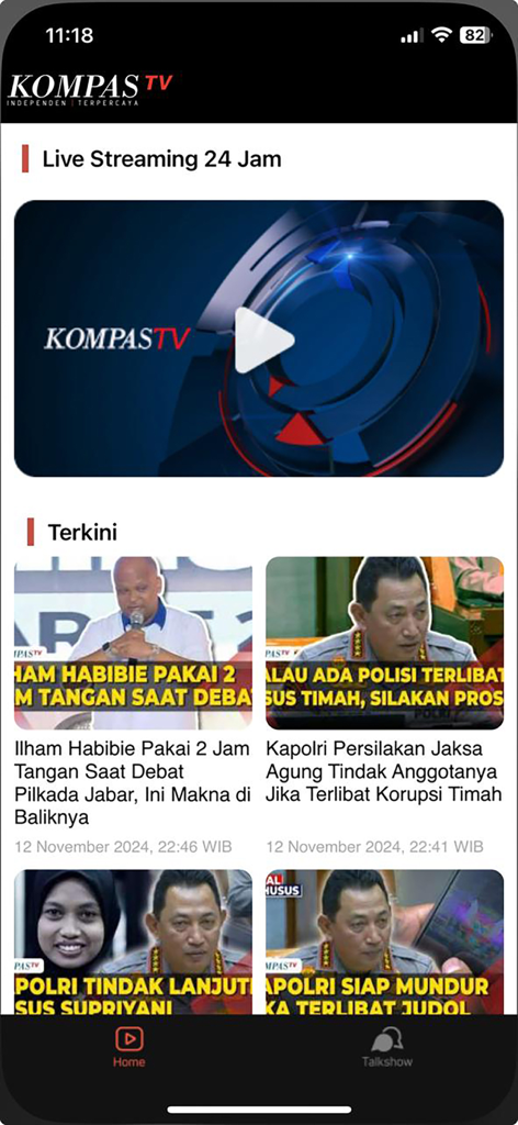 Home screen of the Kompas TV app featuring live streaming and the latest Indonesian news updates.