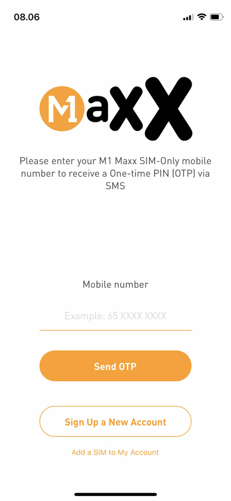 Maxx - Data to the Maxx! - Pantalla de inicio de sesión de la aplicación M1 Maxx que muestra el campo de entrada del número de móvil y el botón de envío de OTP