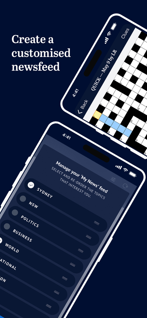 The Sydney Morning Herald - L'interfaccia dell'app Sydney Morning Herald che mostra le impostazioni del feed di notizie personalizzato e un cruciverba