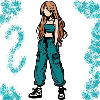 girl in baggy pants crop top and long hair