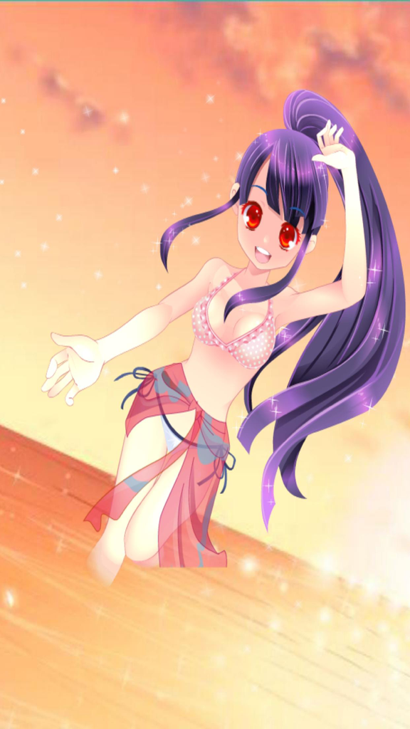 Pocket Girls Game - Una ragazza anime con lunghi capelli viola in una coda di cavallo alta che indossa un bikini a pois rosa e un pareo rosso