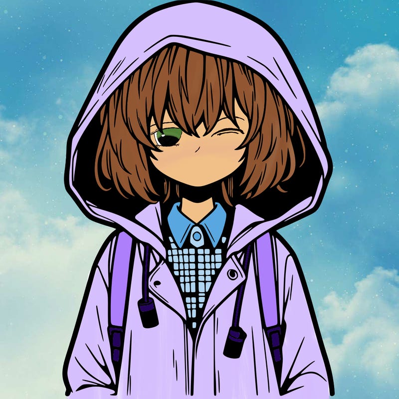 little anime girl in a raincoat her hair is covering her eyes she has a lighter