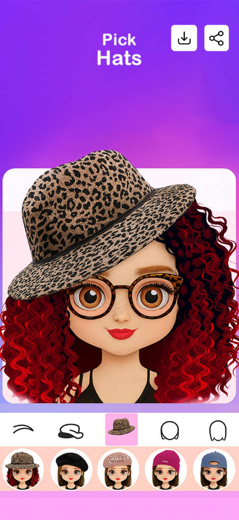 A doll customization screen in the Doll Maker app featuring a character with red curly hair, glasses, and a leopard print hat.