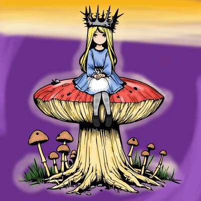 realistic girl sitting on a huge tree stump size toadstool with thorn crown