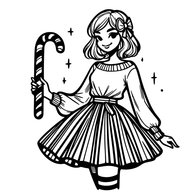 a women holding a big candy cane and short skirt