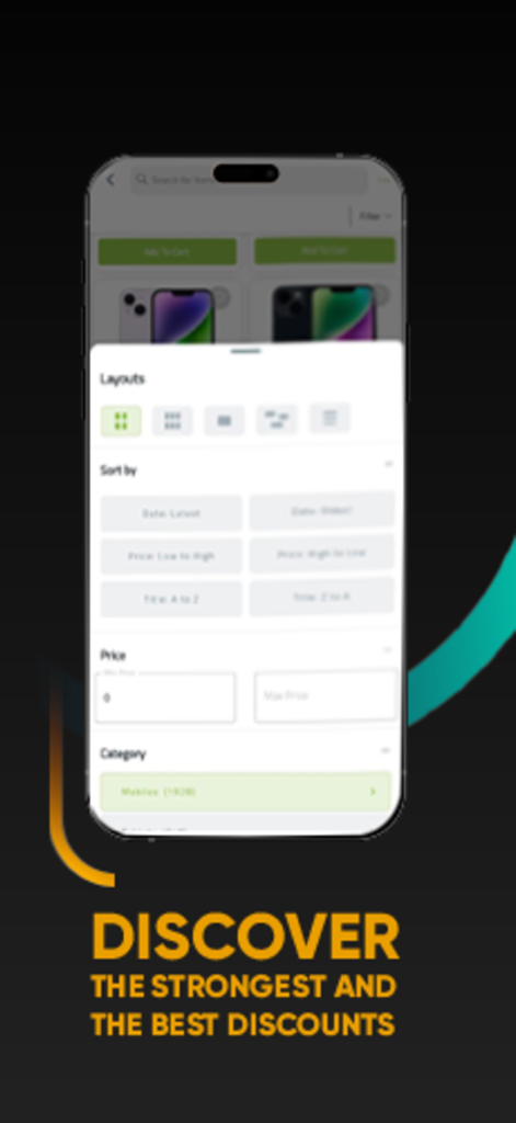Dream2000 app interface showing product sorting and price filter options for electronics