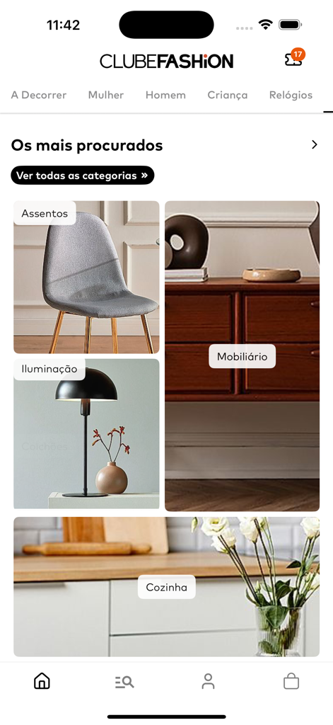 La sección de decoración del hogar de la app Clubefashion que exhibe muebles y artículos de diseño de interiores