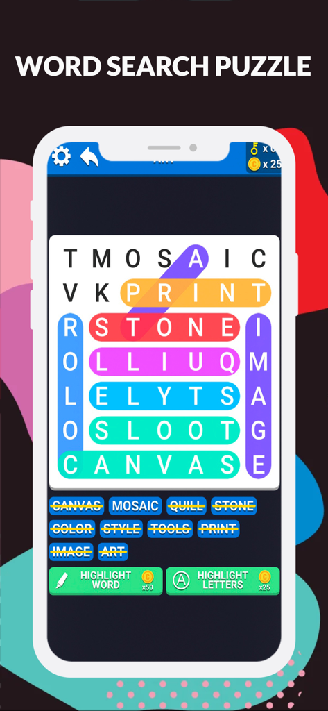 Word Search : Crossword Master - Gameplay screen of Word Search Crossword Master showing a colorful letter grid with highlighted words