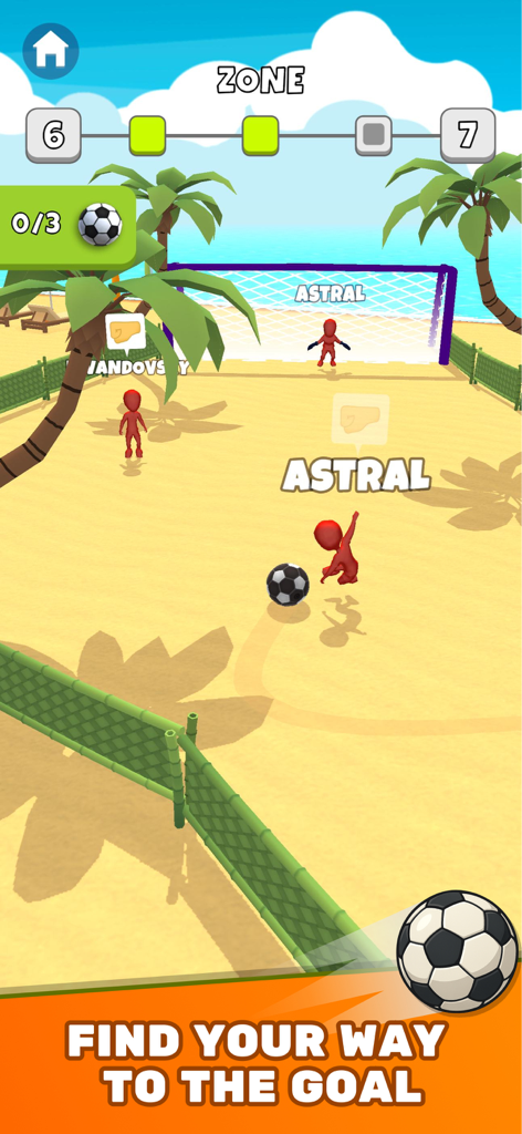 Jugabilidad de Crazy Kick mostrando un balón de fútbol en un campo de playa con jugadores rojos y una portería.